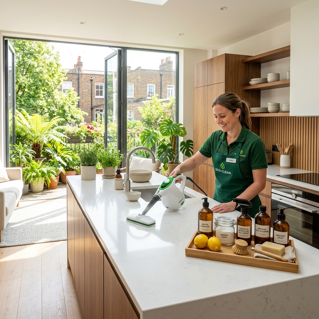 Eco-friendly residential cleaner maintaining a bright kitchen