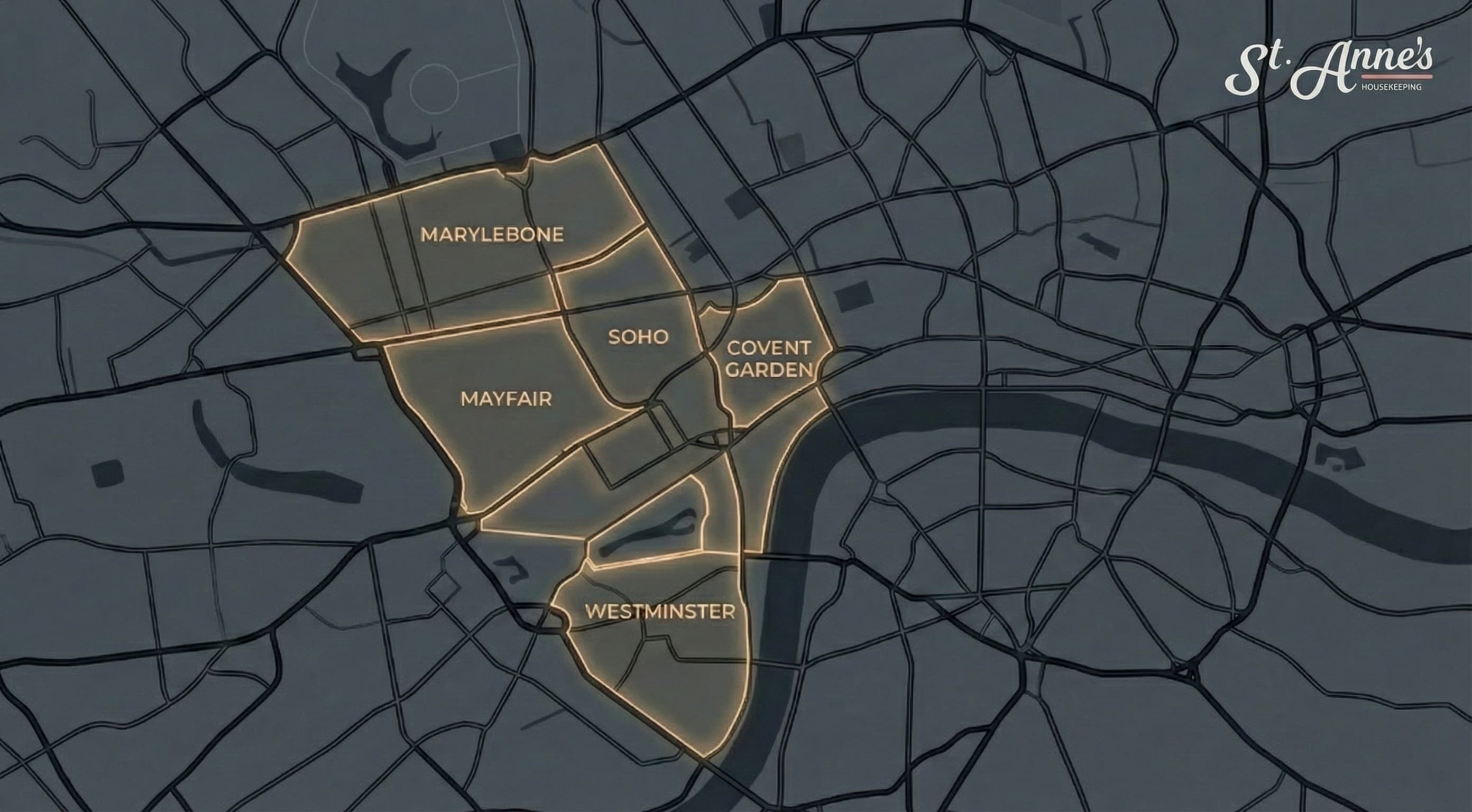 Stylised map of Central London with highlighted districts