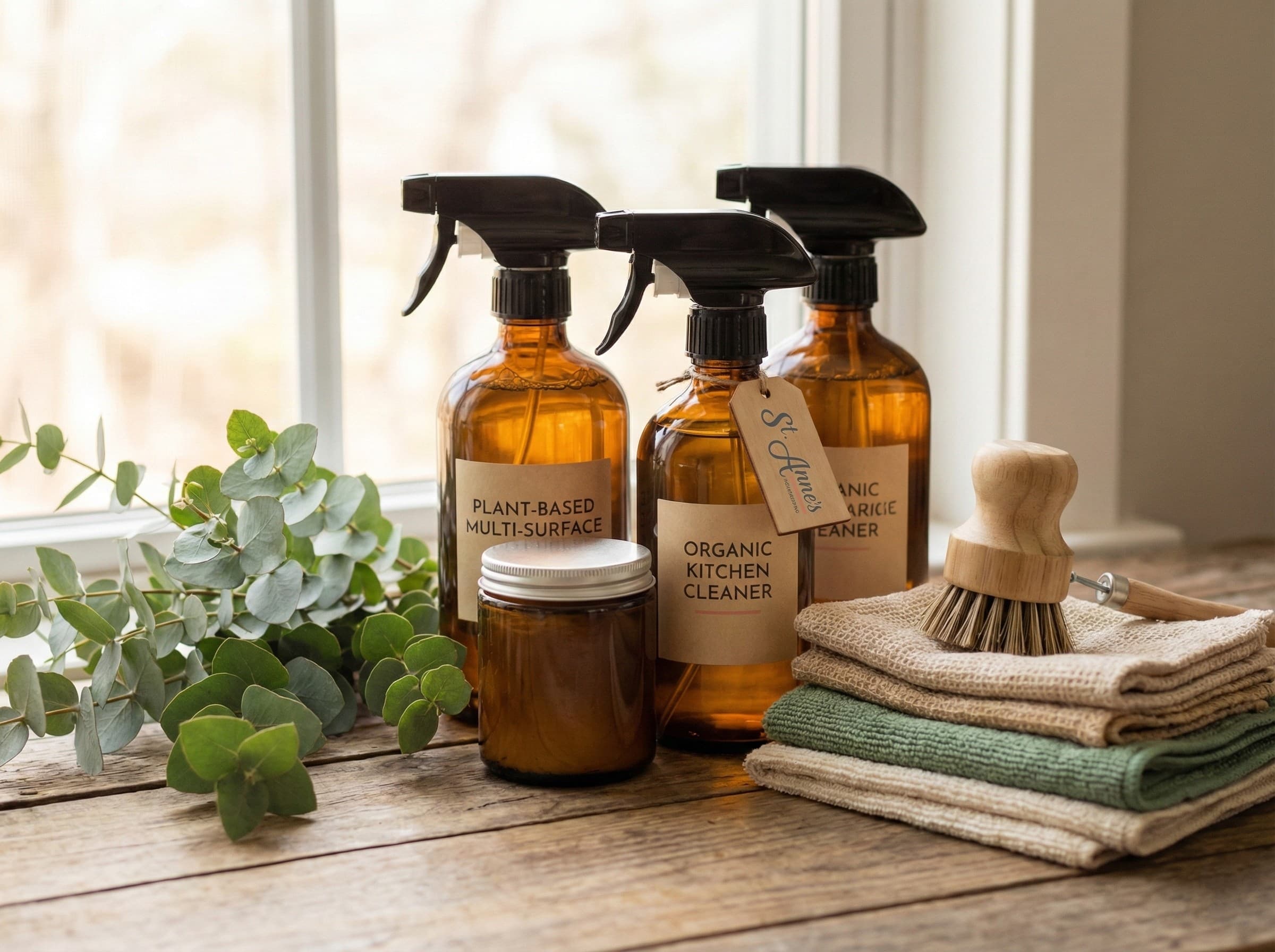 Eco-friendly cleaning products with plant-based bottles and microfibre cloths
