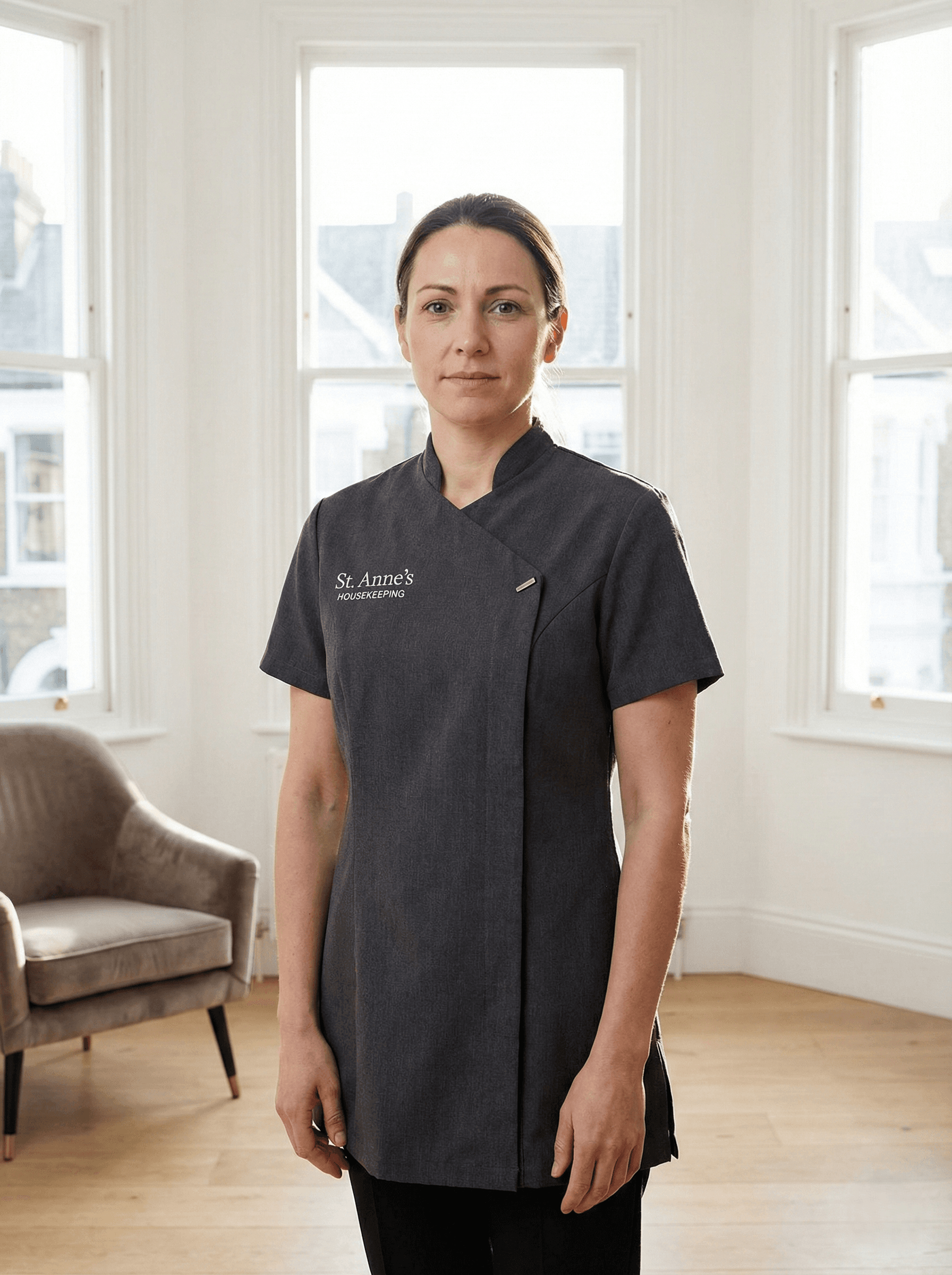 Professional cleaner in charcoal uniform standing in a bright London flat