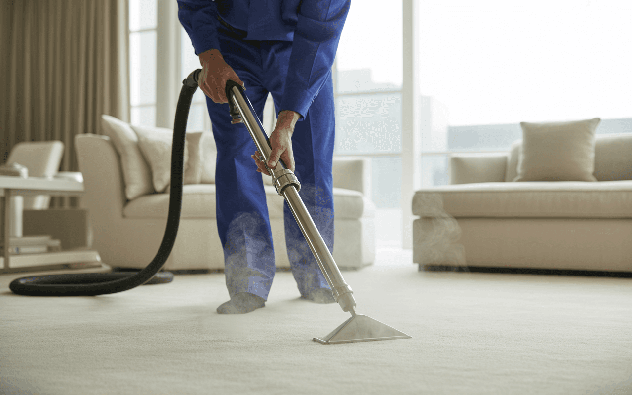 Clean living room with a plush carpet, bright natural light