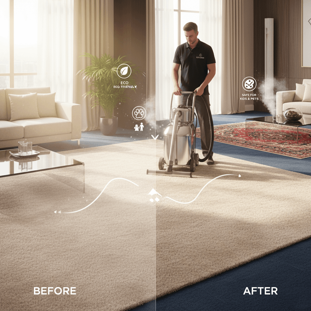 Before and after carpet cleaning comparison showing transformation