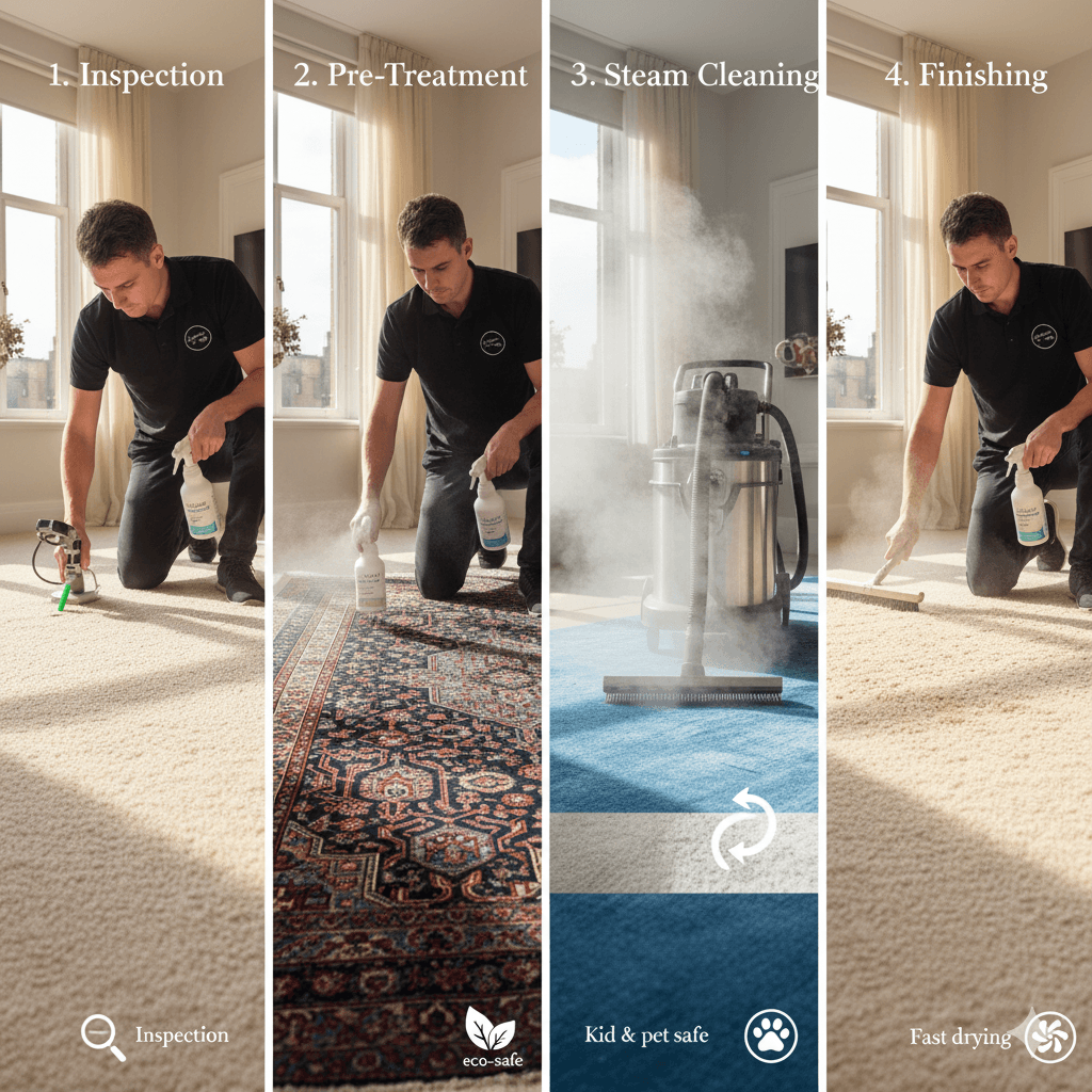 Carpet cleaning process illustration showing inspection, pre-treatment, steam cleaning, and finishing steps