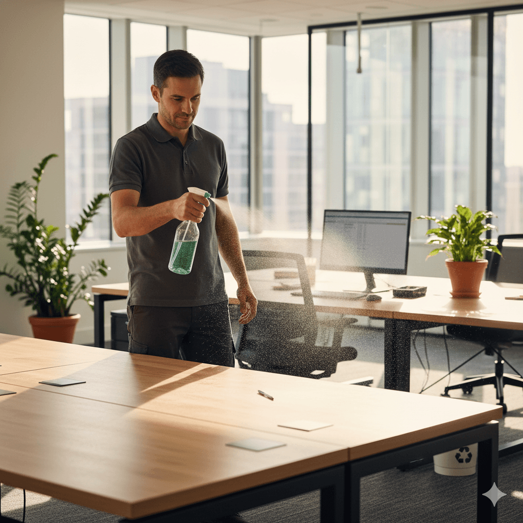 Cleaner using spray with green / eco visual, plants in office