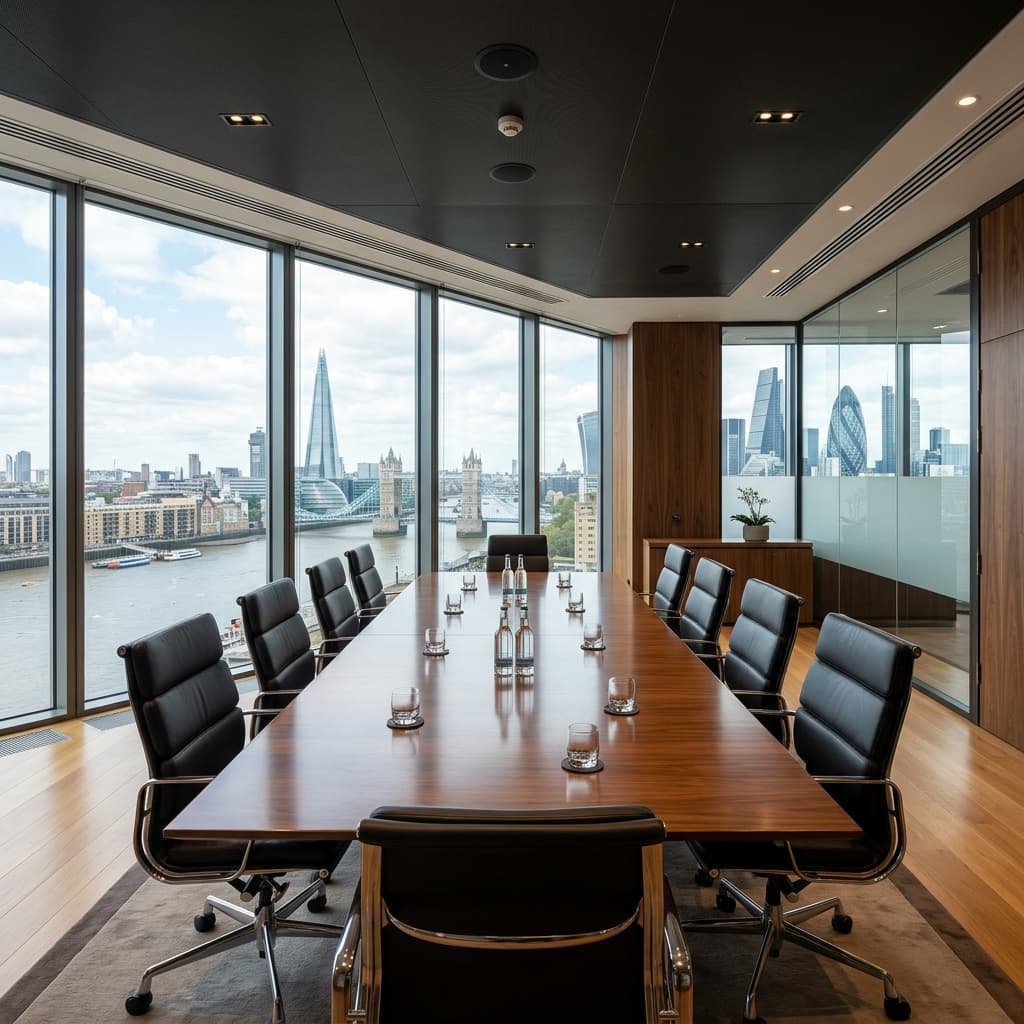 Pristine corporate boardroom ready for meeting