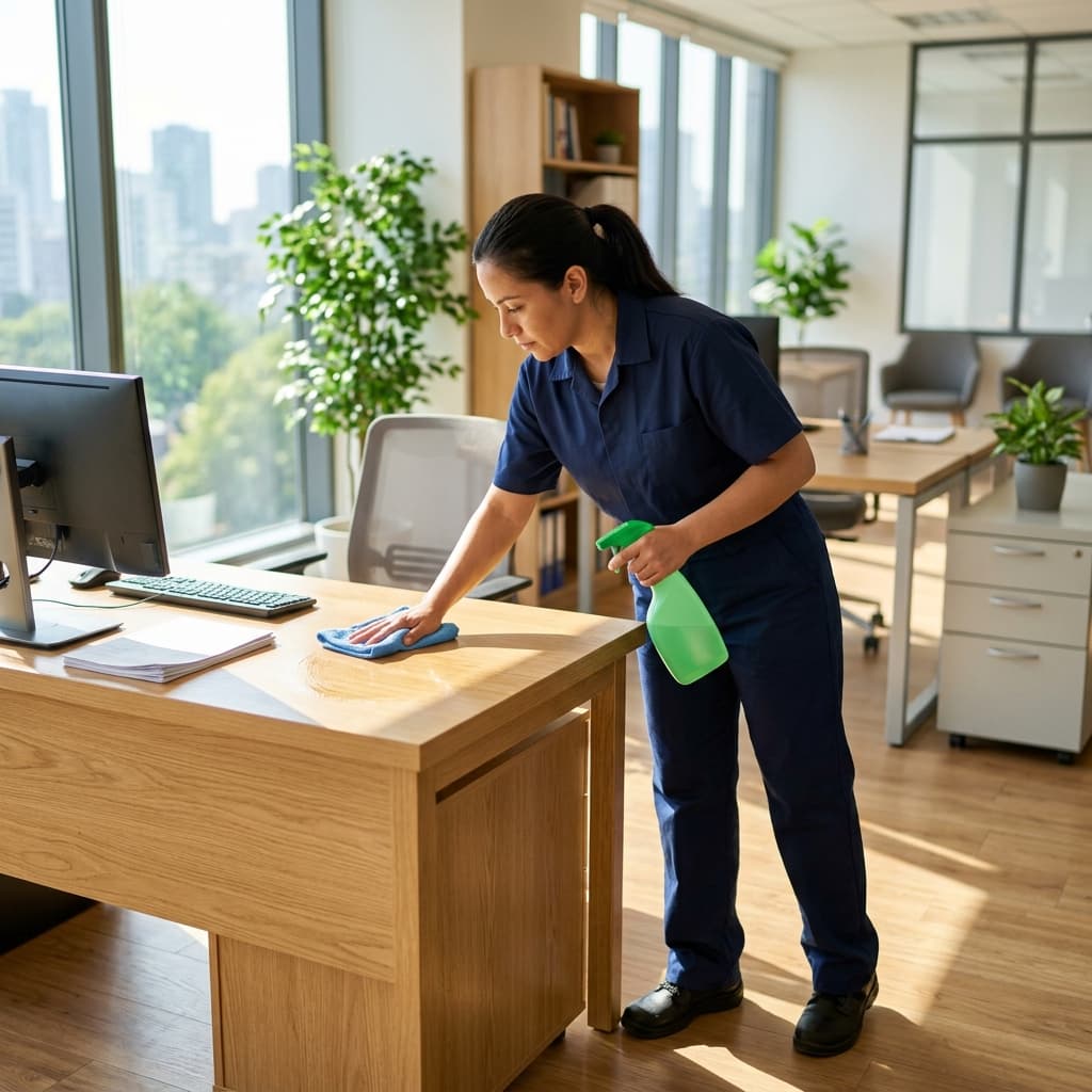 Cleaner using eco-friendly spray on office desk