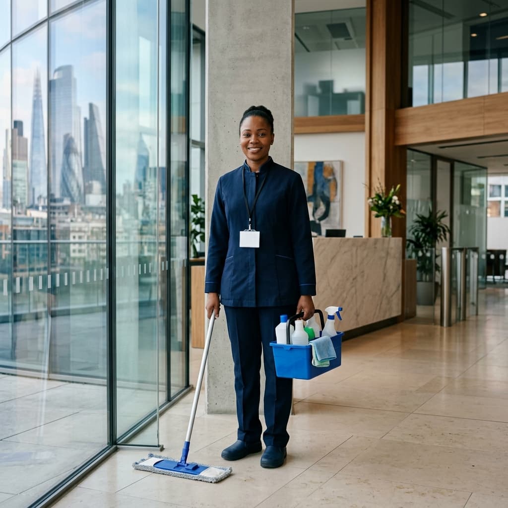 Uniformed office cleaner in corporate building