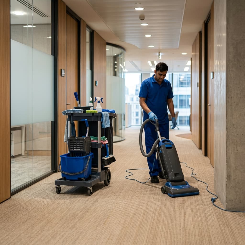 Professional cleaning equipment in office hallway