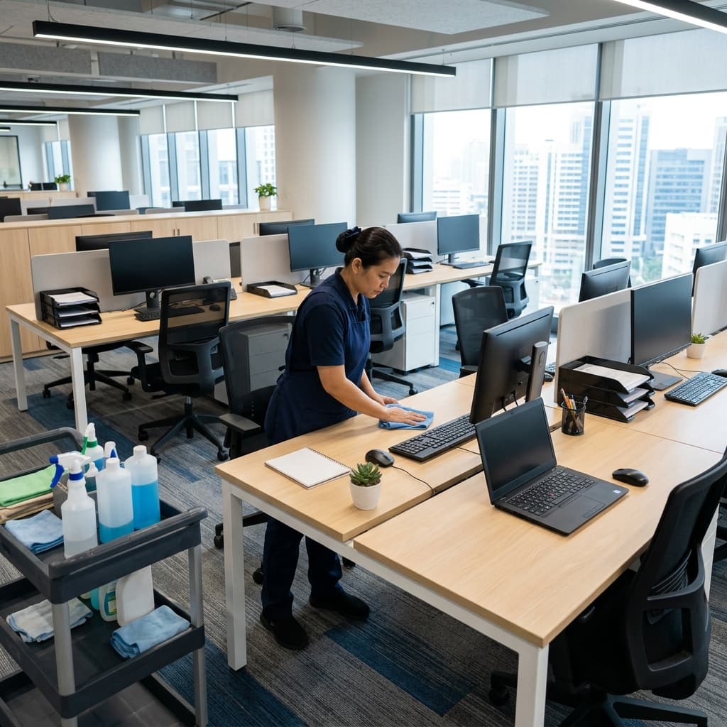 Professional cleaner wiping office desks